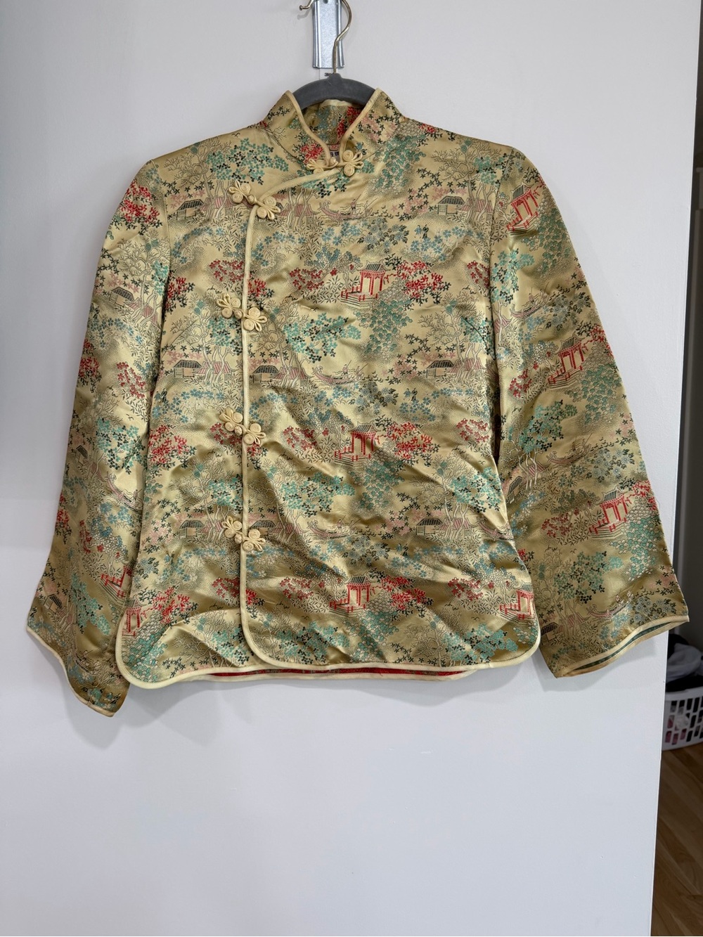 Vintage Peony  Gold Brocade Asian-Style Jacket with Red & Teal Accents
